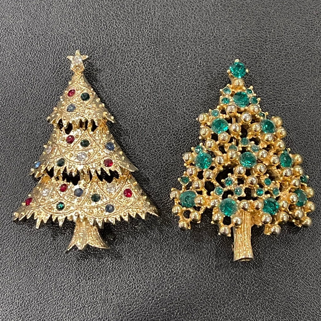 Eisenberg Vintage 2 Brooches Christmas Tree Pins Gold Tone Rhinestones Marked